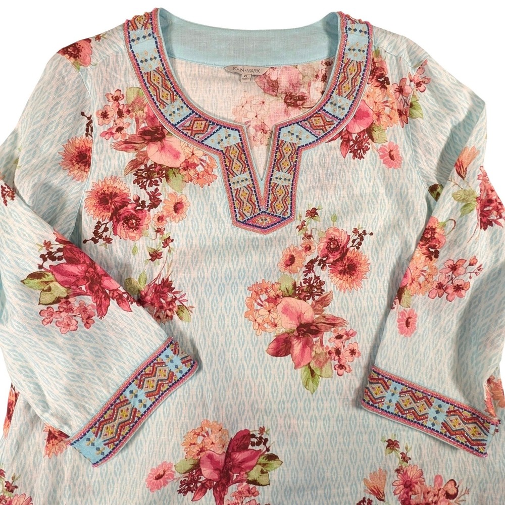 John Mark Floral Linen Blend Embroidered Beaded Tunic Top Blue XL